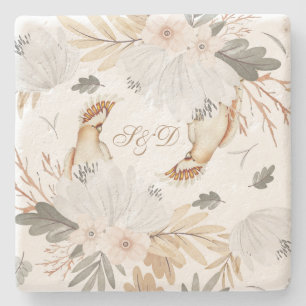 Posavasos De Piedra Elegante Monograma Boho Flores acuáticas y pájaros