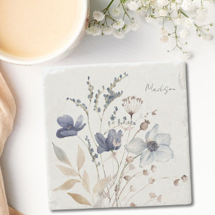 Posavasos De Piedra Elegante Monograma Floral Acuarela Azul