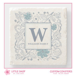 Posavasos De Piedra Elegante Monograma Floral Gris Azul