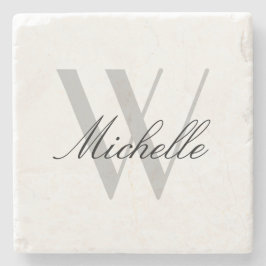 Posavasos De Piedra Elegante Monograma Gris Estilo Script Nombre