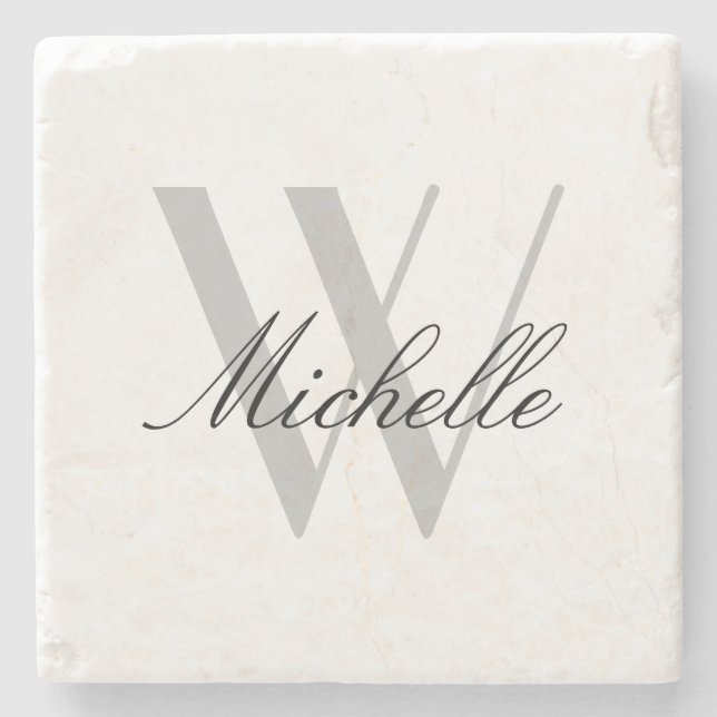 Posavasos De Piedra Elegante Monograma Gris Estilo Script Nombre (Anverso)