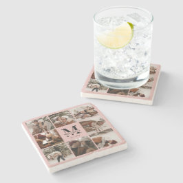 Posavasos De Piedra Elegante Monograma Rosa Nombre inicial de familia 