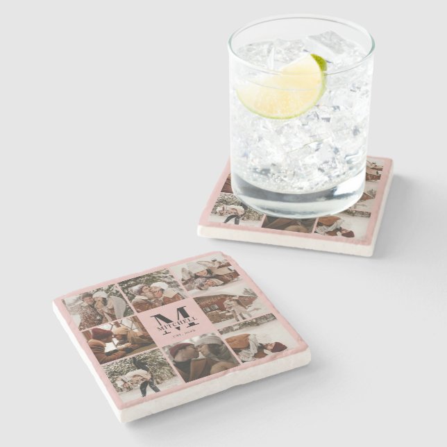 Posavasos De Piedra Elegante Monograma Rosa Nombre inicial de familia  (Lateral)