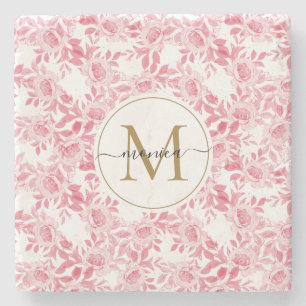 Posavasos De Piedra Elegante Monograma Rubor de color de agua rosa Flo