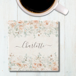 Posavasos De Piedra Elegante Monograma Rústico Rosa Vegetación Floral
