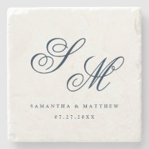 Elegante Navy Blue Script Monograma Favor de la bo