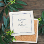 Posavasos De Piedra Elegante novia y Personalizado Groom azul y blanco<br><div class="desc">A los recién casados les encantará esta sencilla y minimalista montaña boda de piedra de moda, con un diseño moderno con un doble borde enmarcado en azul clásico sobre un fondo blanco y nítido. Este sencillo y moderno diseño ofrece una sofisticación atemporal y clásica. Personalice los nombres de la pareja...</div>
