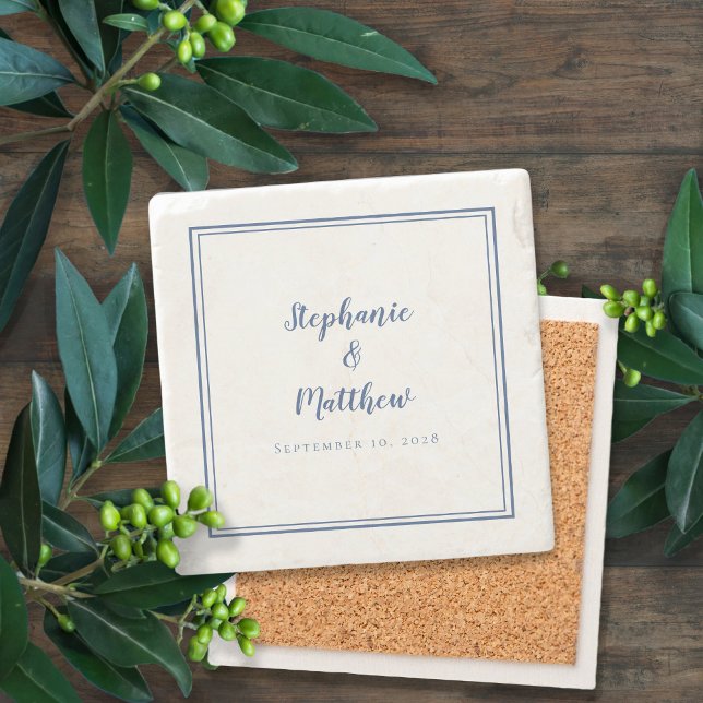 Posavasos De Piedra Elegante novia y Personalizado Groom azul y blanco (Elegant Wedding Marriage Anniversary Date Custom Couple Keepsake Gift Blue & White Stone Coasters )