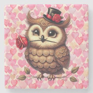 Posavasos De Piedra elegante Owl con coloridos corazones El día de San