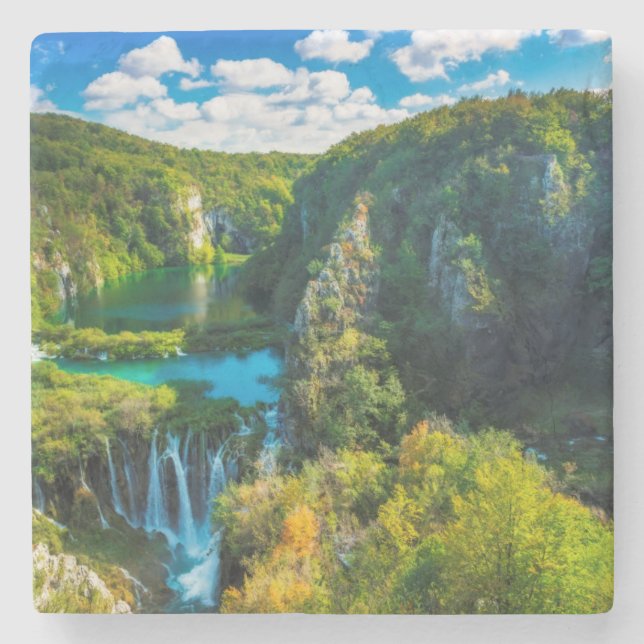 Posavasos De Piedra Elegante paisaje de cascada, Croacia (Anverso)