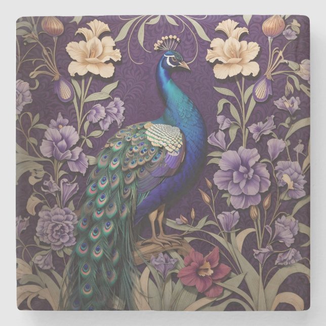 Posavasos De Piedra Elegante Pavo Real Sobre El Morado William Morris  (Anverso)