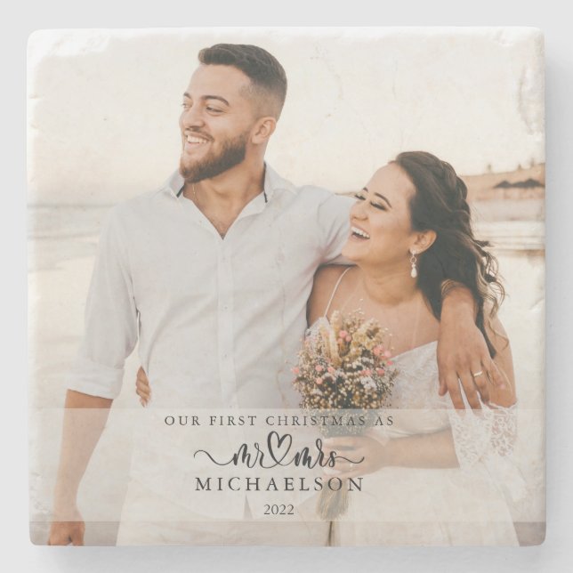 Posavasos De Piedra Elegante Primer Navidades Casados Como Sr. y Sra. (Anverso)