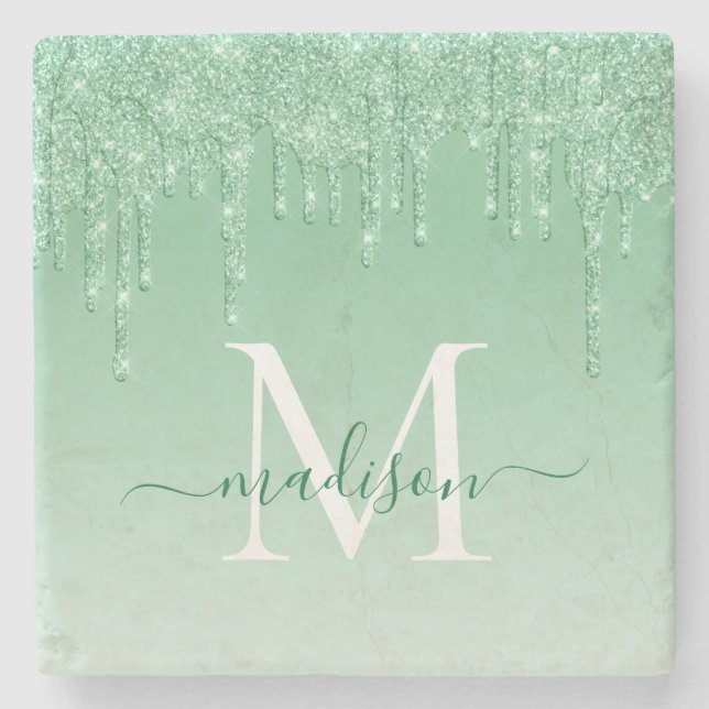 Posavasos De Piedra Elegante Purpurina Dris Mint Green Monograma Scrip (Anverso)