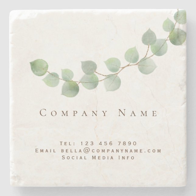 Posavasos De Piedra Elegante Rama Verde Eucalyptus Leaf Nombre Empresa (Anverso)