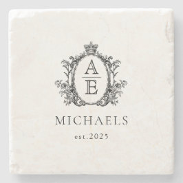 Posavasos De Piedra Elegante, Real Escudo Monograma Negro y Blanco