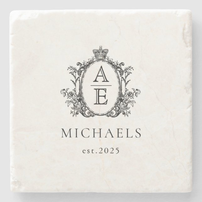 Posavasos De Piedra Elegante, Real Escudo Monograma Negro y Blanco (Anverso)