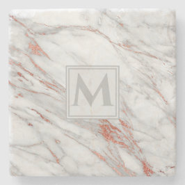 Posavasos De Piedra Elegante Rosa Oro Cobre Mármol Blanco Monograma