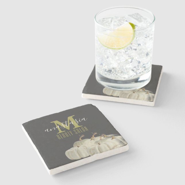 Posavasos De Piedra Elegante salón de belleza de calabazas blancas neg (Lateral)