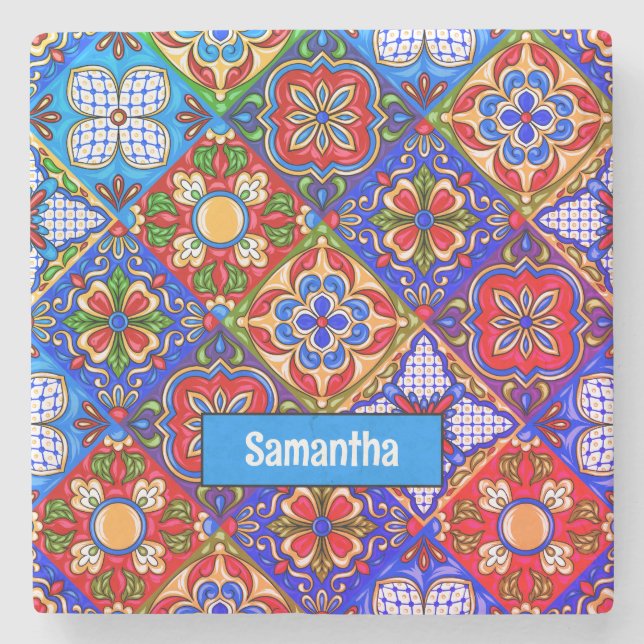 Posavasos De Piedra Elegante talavera mexicana azulejos púrpura azul r (Anverso)