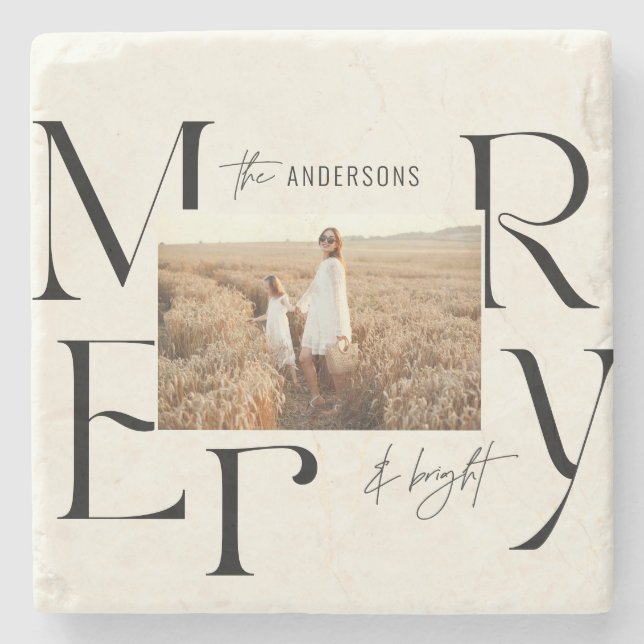 Posavasos De Piedra Elegante y alegre tipografía fotográfica navideña (Anverso)