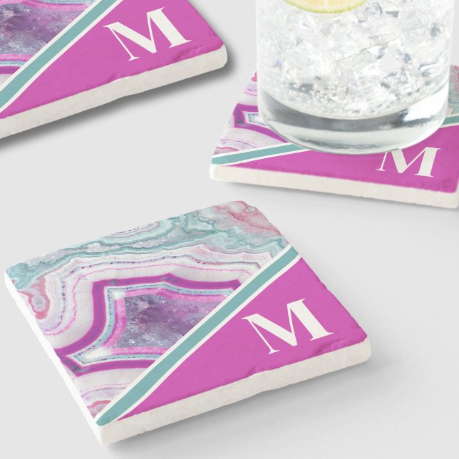 Posavasos De Piedra Elegante y moderno agato monograma inicial (Chic Stylish Turquoise Pink Agate Initial Monogram Stone Coaster)