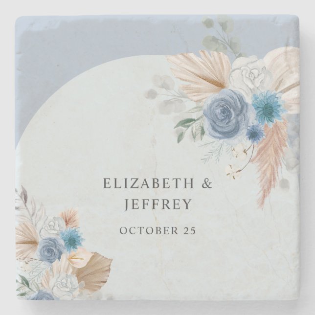 Posavasos De Piedra Elegante y rústico Boho Dusty Blue Pampas Boda (Anverso)