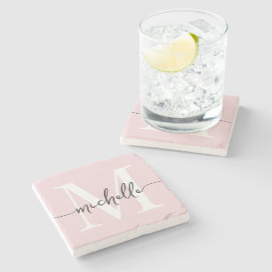 Posavasos De Piedra Elegante y Sofisticado Nombre de Letra en Rosa Cla
