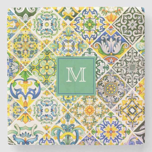 Posavasos De Piedra Elegantes azulejos verdes sicilianos mediterráneos (Anverso)