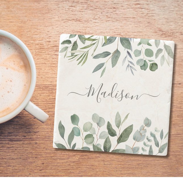 Posavasos De Piedra Elegantes hojas tropicales de eucalipto verde mono (In situ)