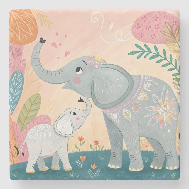 Posavasos De Piedra Elephant Mom and Baby (Anverso)