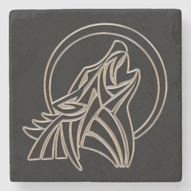Posavasos De Piedra Emblema metálico tribal del lobo del grito (Anverso)
