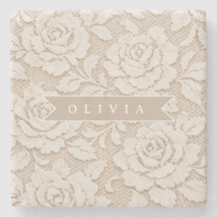 Posavasos De Piedra Encaje de marfil personalizado Elegante novia Vint