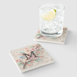 Posavasos De Piedra Encaje de monograma floral rosa pastel flor de cer