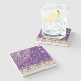 Posavasos De Piedra Encantando Mandala con estrellas de oro en morado