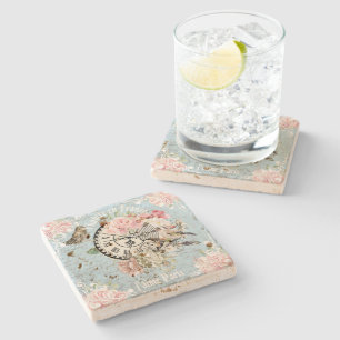 Posavasos De Piedra Ephemera fondo vintage azul decorativo francés