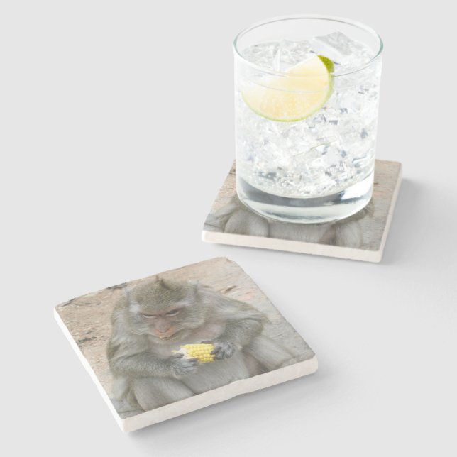 Posavasos De Piedra ¡Es mío! ... Mono Macaque tailandés salvaje (Lateral)