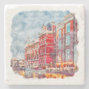 Posavasos De Piedra Esbozo de acuarela dibujado a mano en los Países B