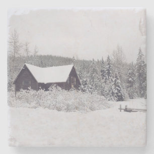 Posavasos De Piedra Escaparate de nieve y cabaña de invierno
