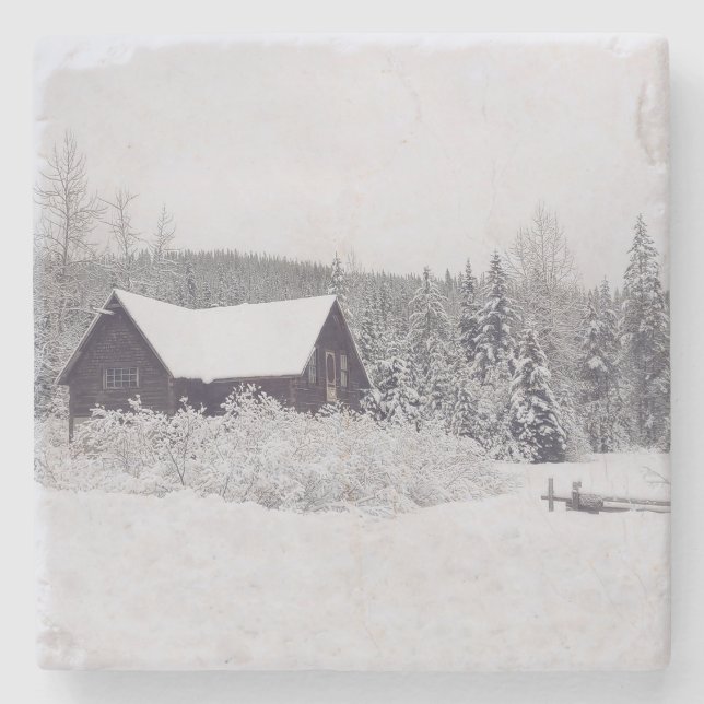 Posavasos De Piedra Escaparate de nieve y cabaña de invierno (Anverso)