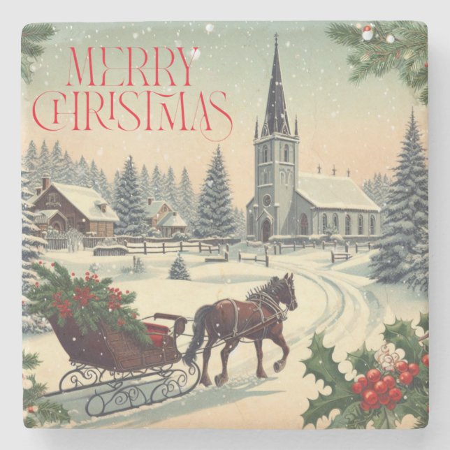 Posavasos De Piedra Escena clásica/vintage de Navidad (Anverso)