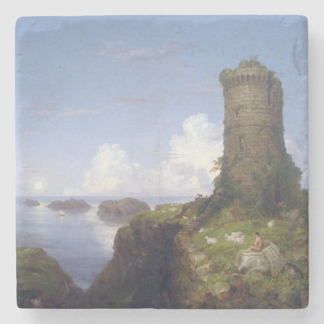 Posavasos De Piedra Escena costera italiana con una torre en ruinas (Anverso)