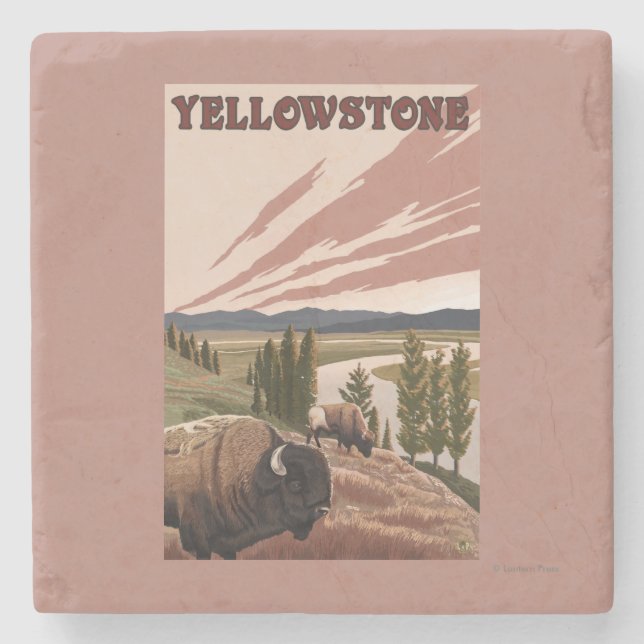 Posavasos De Piedra Escena de YellowstoneBison (Anverso)