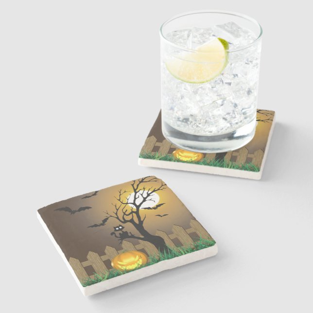 Posavasos De Piedra Escena del jardín de Halloween con miedo (Lateral)