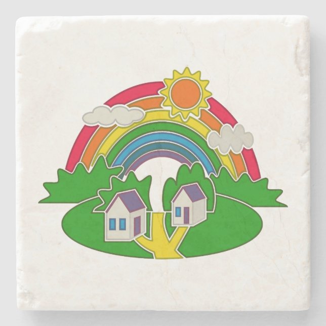 Posavasos De Piedra Escena rural personalizado con arcoiris y casa de  (Anverso)