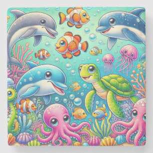 Posavasos De Piedra Escena submarina colorida con un mar juguetón