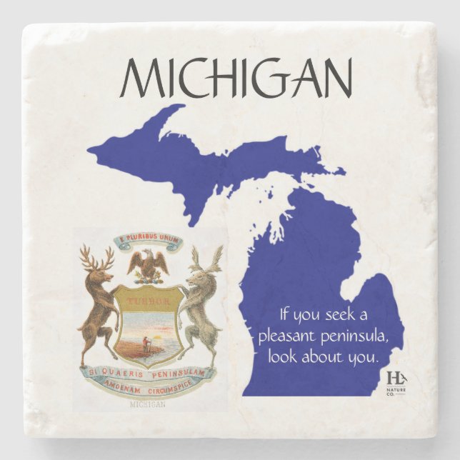 Posavasos De Piedra Escudo de armas y mapa de Michigan (Anverso)