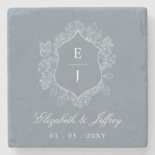 Posavasos De Piedra Escudo Floral azul turbio Monograma Boda