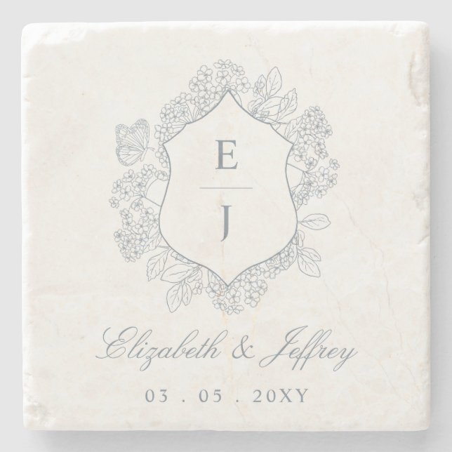 Posavasos De Piedra Escudo Floral azul turbio Monograma Boda (Anverso)