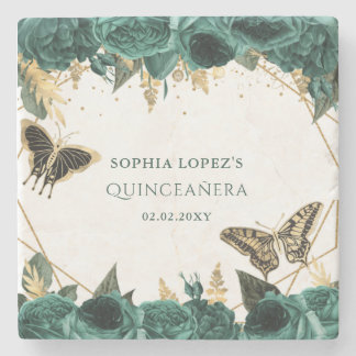 Posavasos De Piedra Esmeralda Verde Oro Floral Elegante Quinceanera