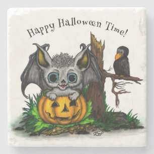Posavasos De Piedra Esperando Halloween , Cute Bat y Raven
